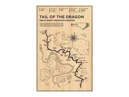 Vintage-style sepia map poster titled tail of the dragon featuring detailed black ink trails in monaco grand prix decorbites wall art