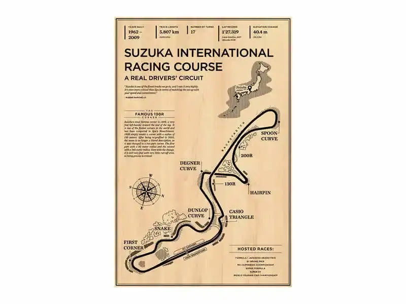 Vintage-style beige decorbites™ monaco grand prix racing poster featuring suzuka circuit with black ink illustrations
