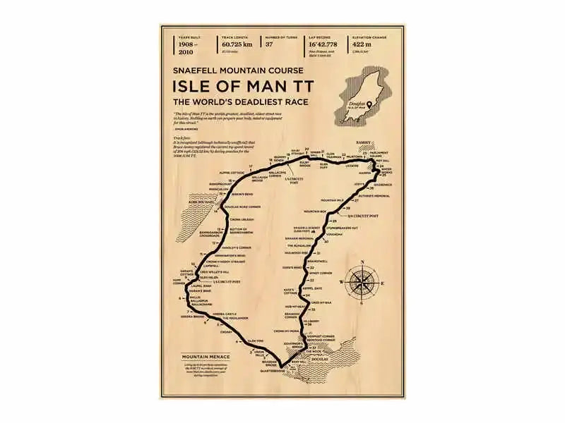 Beige wooden map of the isle of man tt race course with black ink detailing in decorbites™ monaco grand prix wall art canvas