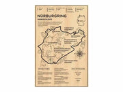 Vintage-style nürburgring race track map poster in black ink on beige paper for monaco grand prix wall art decor