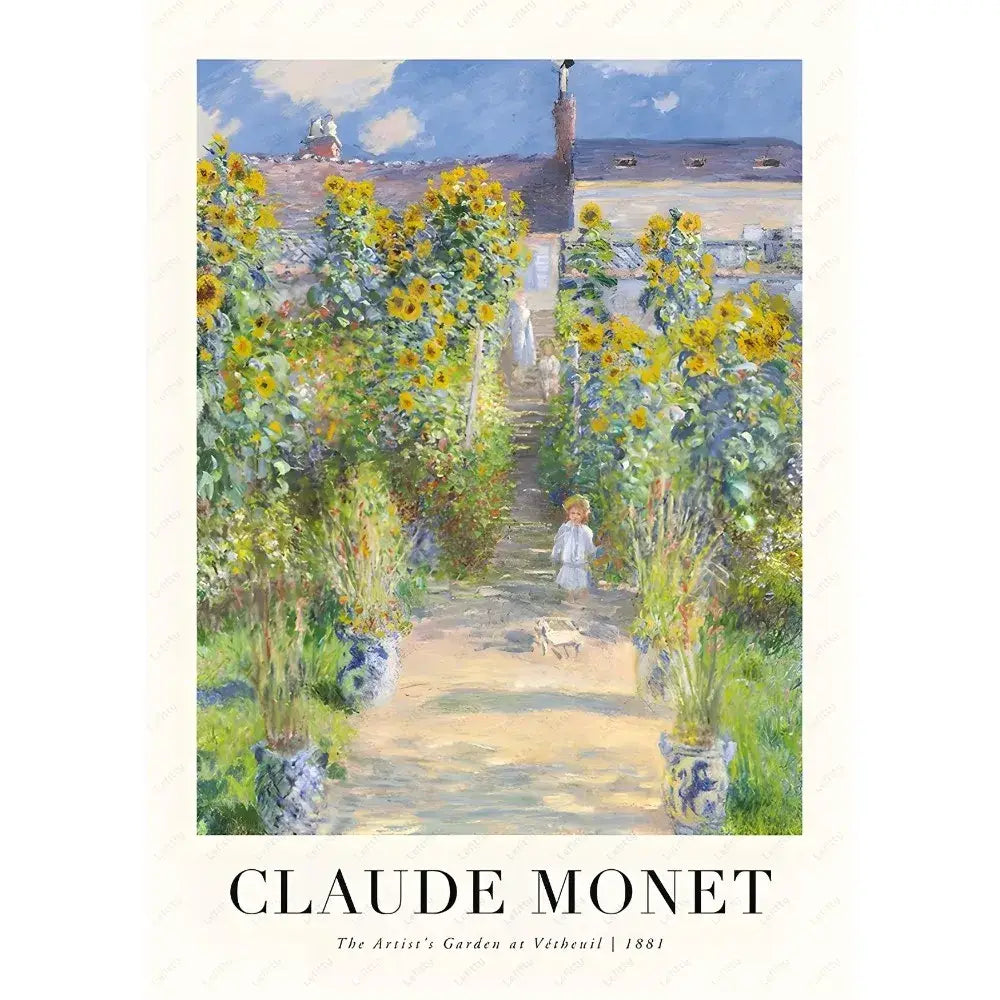 Decorbites monet wildflower poster print featuring a sunlit garden path with yellow sunflowers and blue white pots