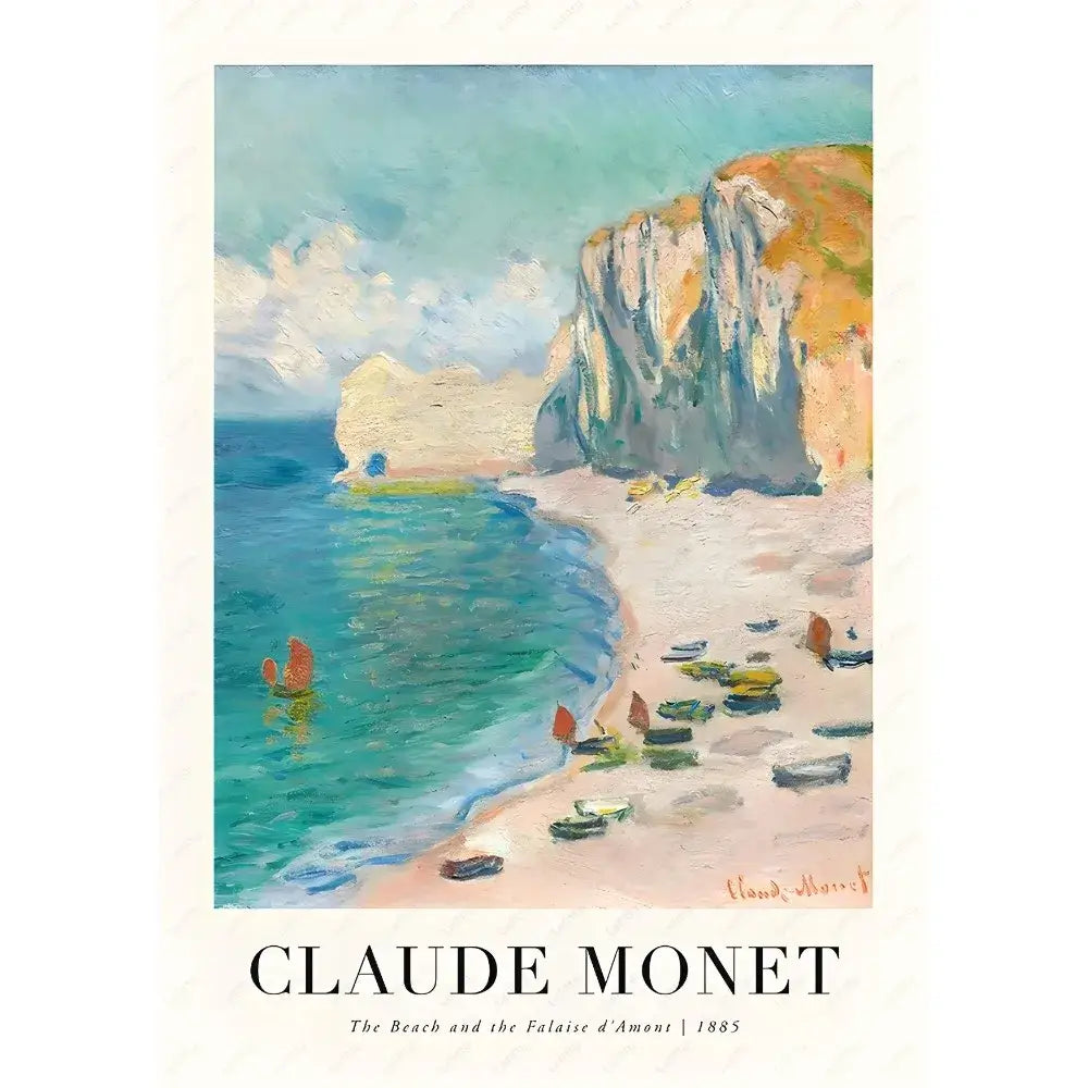 Decorbites monet wildflower poster print featuring 1885 coastal scene with turquoise water white cliffs and small boats