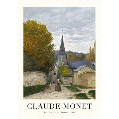 Decorbites monet wildflower poster print featuring a cobblestone street in sainte-adresse with autumn trees and church spire