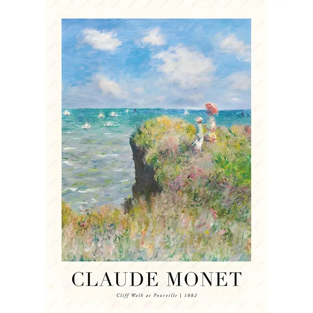 Decorbites monet wildflower poster print featuring impressionistic cliff walk at pourville in green and blue hues