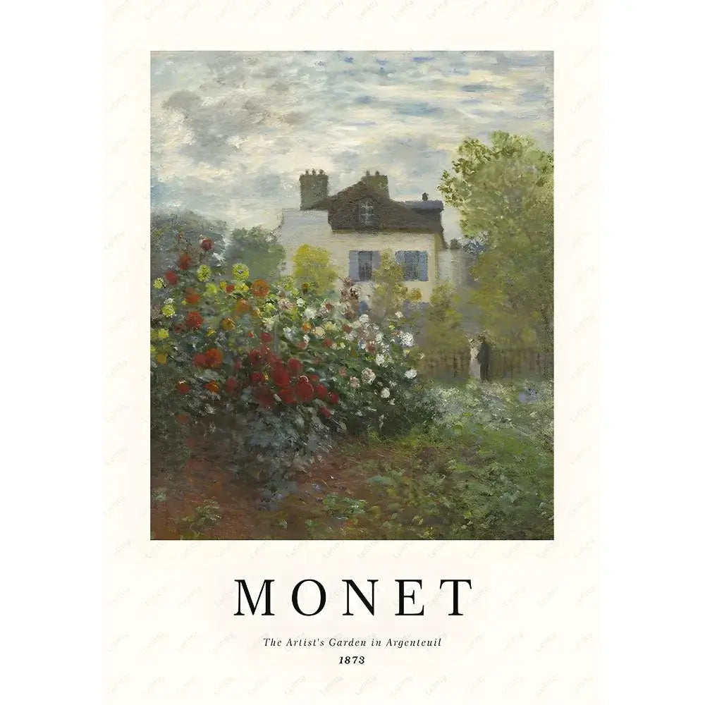 Decorbites monet wildflower poster print featuring a white house with dark shutters and vibrant garden flowers