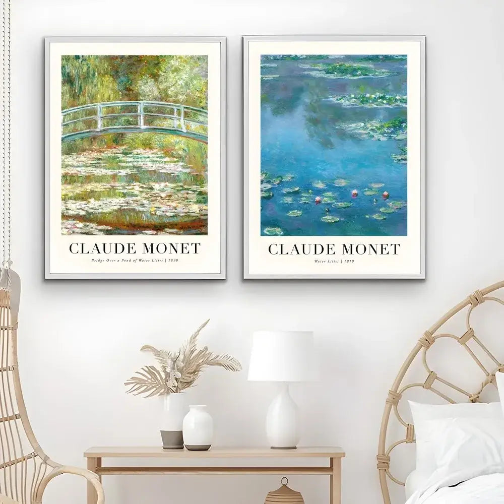 Two framed DecorBites™ Monet wildflower poster prints featuring a white arched bridge and blue water with lotus leaves