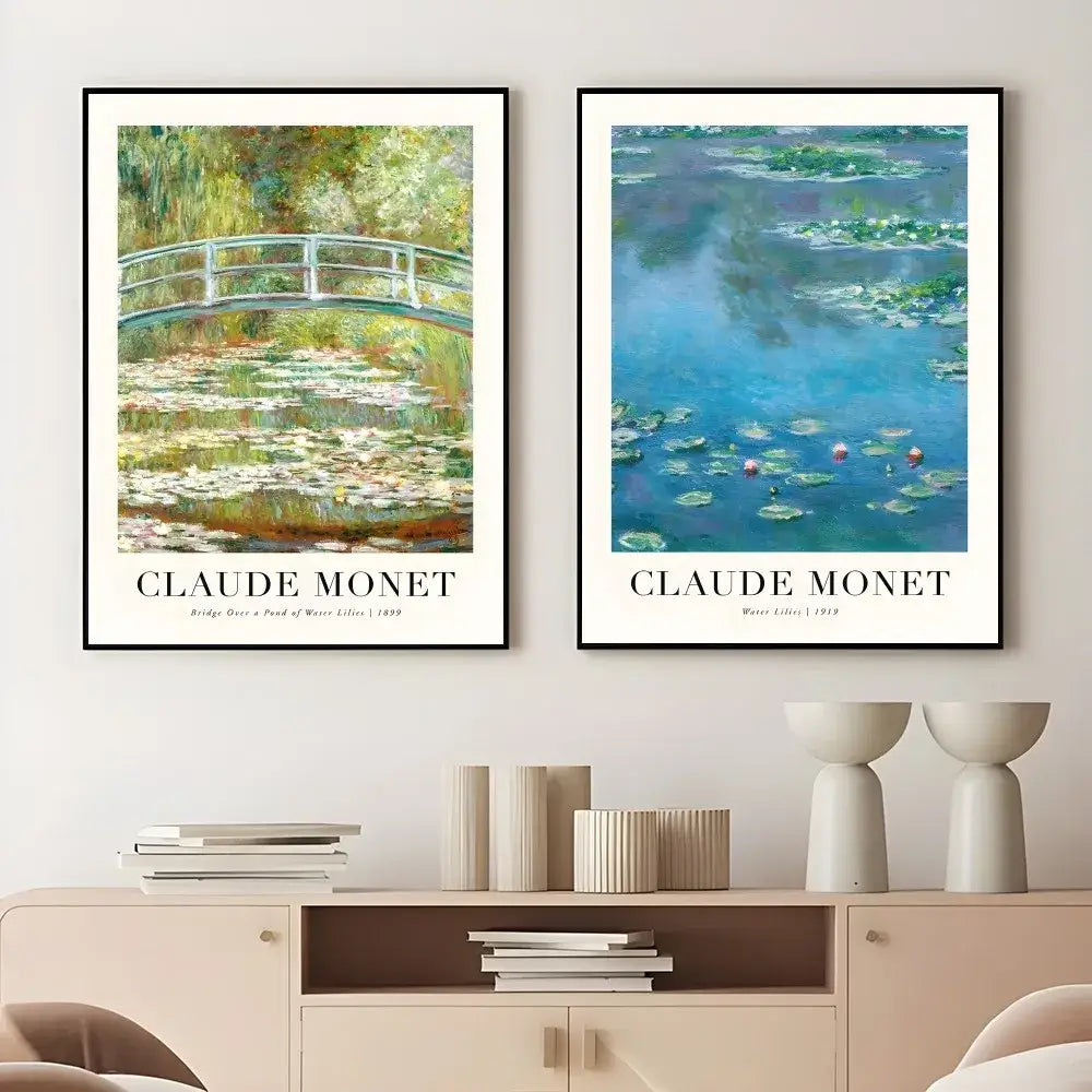 Two framed reproductions of monet wildflower poster prints featuring water lilies in black frames for home decor