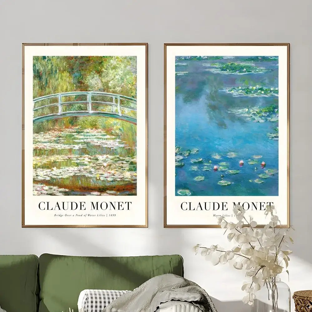 Two framed decorbites™ monet wildflower poster prints featuring impressionistic bridge and water lilies in soft hues