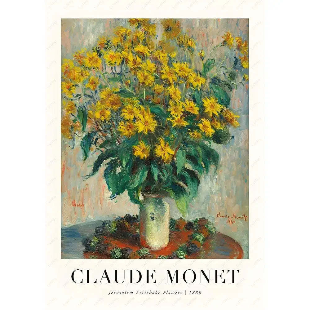 A decorbites monet wildflower poster print featuring a vibrant bouquet of yellow jerusalem artichoke flowers in a light ceramic vase