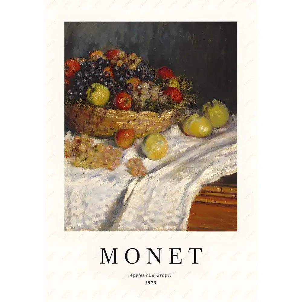 A woven wicker basket overflowing with colorful grapes and apples complements the DecorBites™ monet wildflower poster print for home decor