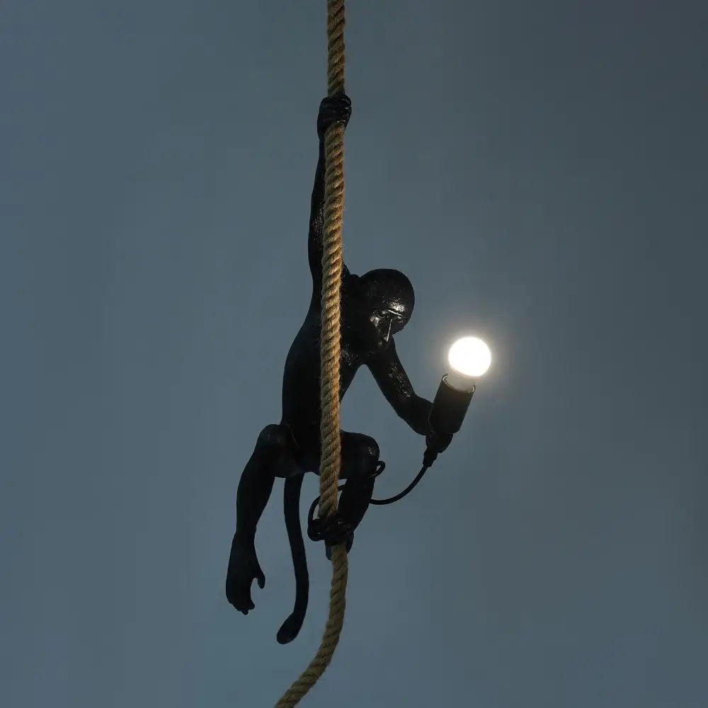 Decorbites™ monkey rope chandelier pendant light with black glossy monkey decoration hanging from hemp rope holding bulb