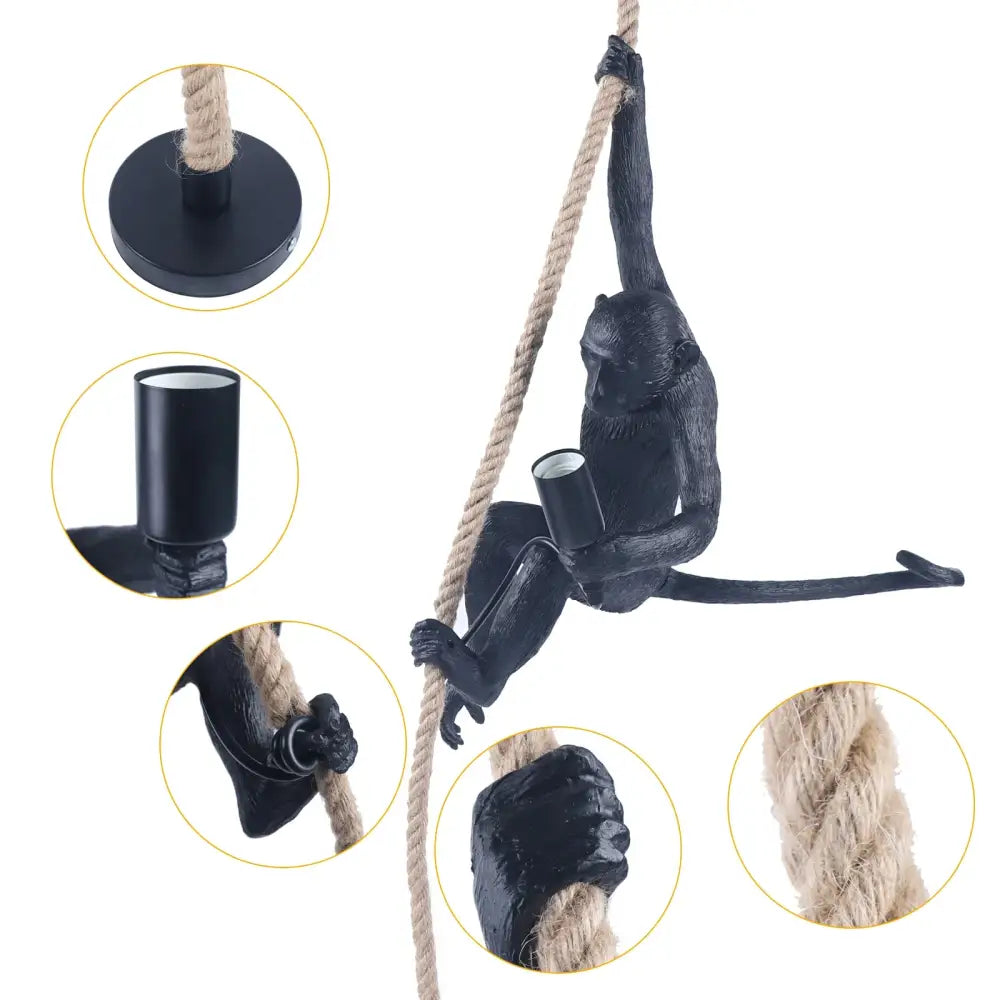 DecorBites™ monkey rope chandelier pendant light with black resin monkey gripping hemp rope and integrated light fixture