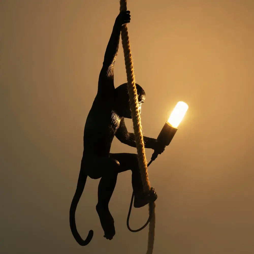 Decorbites™ monkey rope chandelier pendant light in black with hemp rope texture and exposed bulb as monkey decoration