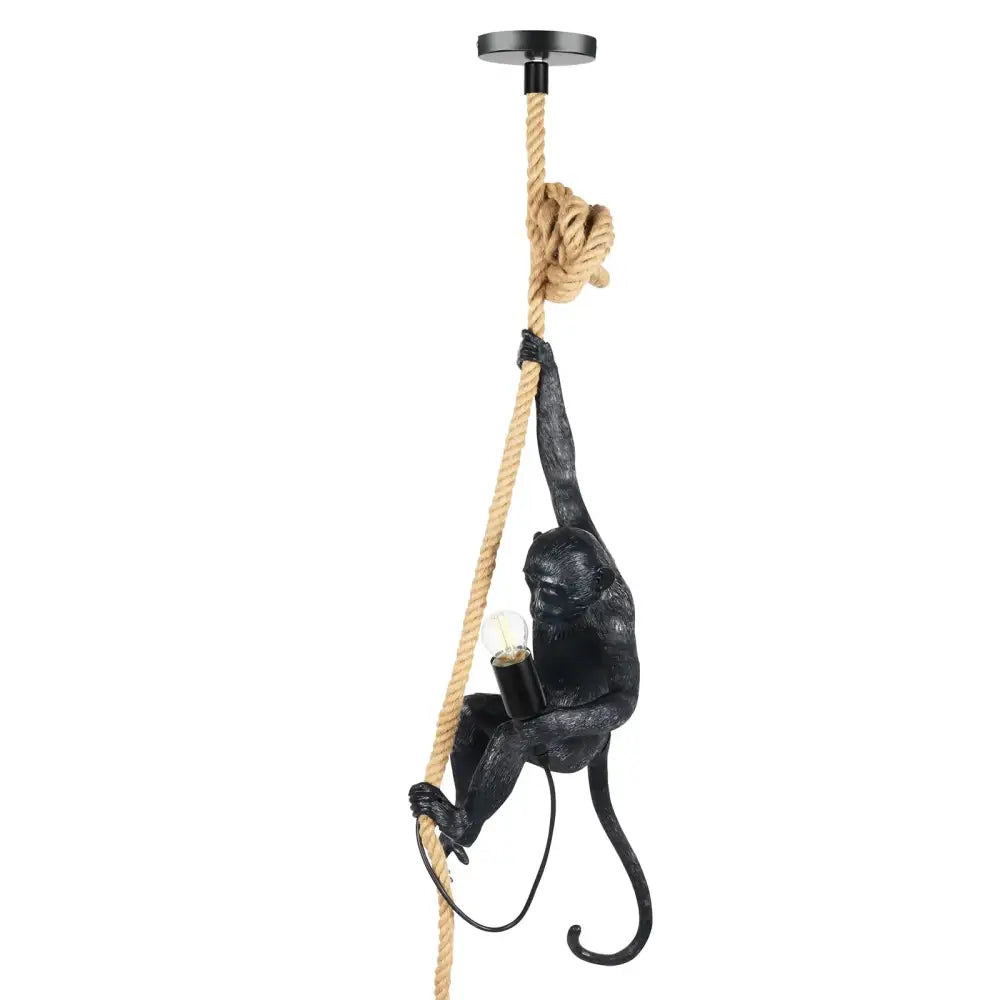 DecorBites monkey rope chandelier pendant light with black textured resin monkey holding exposed bulb on hemp rope