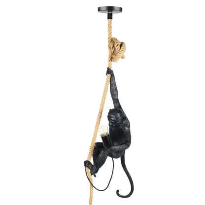 DecorBites monkey rope chandelier pendant light with black textured resin monkey holding exposed bulb on hemp rope