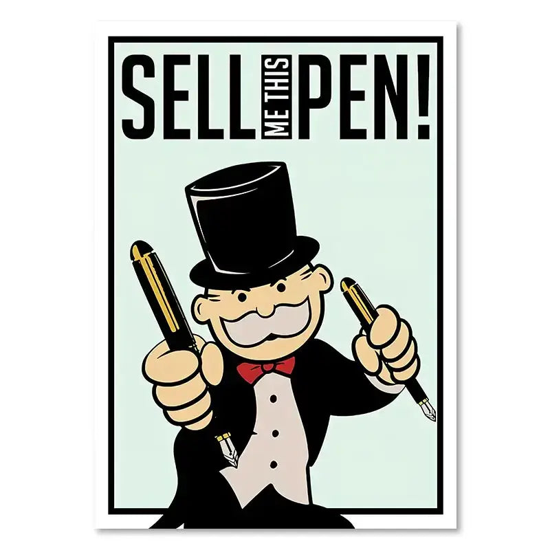 DecorBites™ monopoly millionaire wall art canvas painting featuring black top hat and red bow tie character with pens