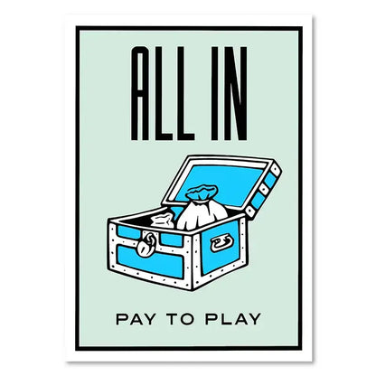 Blue illustrated treasure chest with white trim and silver lock containing money bags on decorbites™ monopoly millionaire canvas wall art