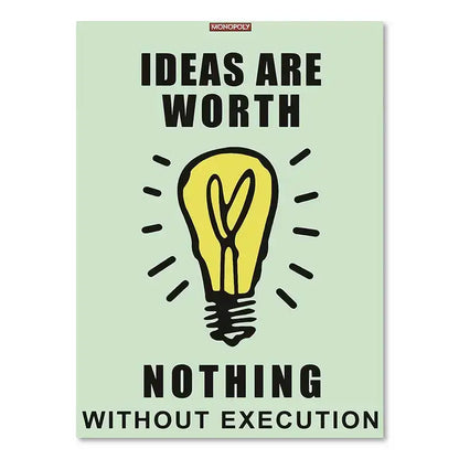 Light green decorbites™ monopoly millionaire canvas wall art featuring a yellow light bulb illustration with black outlines