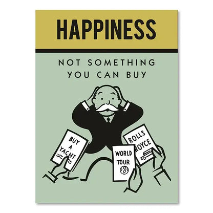 Minimalist monopoly millionaire wall art with black text on sage green canvas painting featuring a cartoon man in suit
