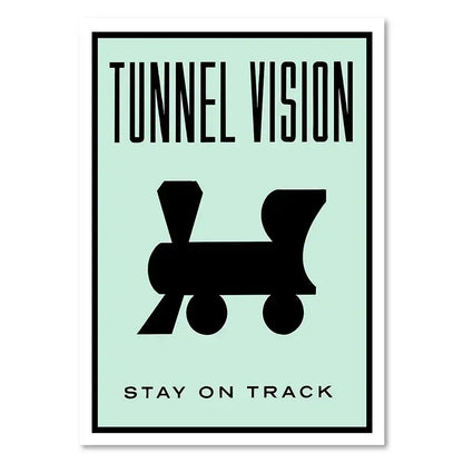 Decorbites™ monopoly millionaire canvas wall art features minimalist mint green train silhouette with tunnel vision text