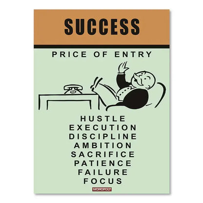 Decorbites monopoly millionaire canvas wall art with minimalist mint green background and black line art of relaxed businessman