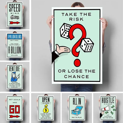 Mint green monopoly millionaire canvas wall art featuring bold red question mark dice and take the risk or lose the chance text
