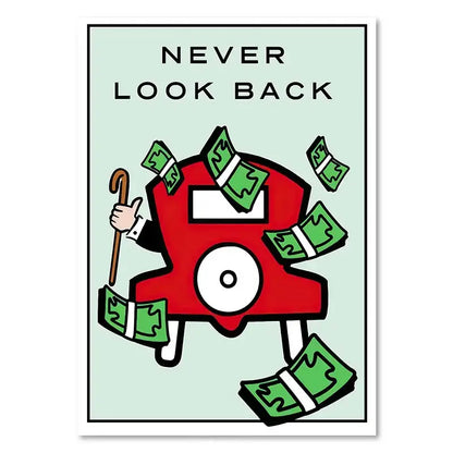 DecorBites™ monopoly millionaire canvas wall art featuring red character with white face holding cane surrounded by dollar bills