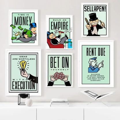 Set of six monopoly millionaire canvas wall art posters with bold black text and colorful illustrations on mint backgrounds