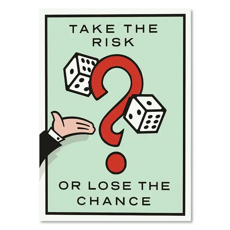 A mint green monopoly millionaire cartoon canvas art with red question mark and dice for home decor
