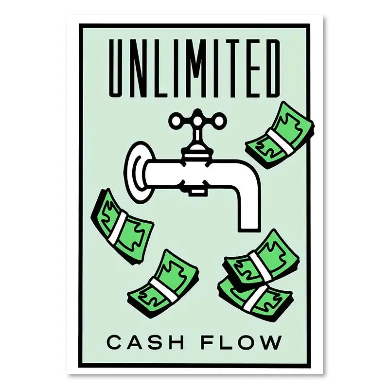 A minimalist monopoly millionaire cartoon canvas art featuring a white faucet with green dollar bills for home decor