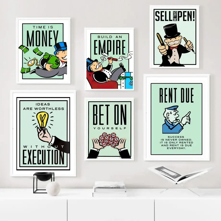 Set of six monopoly millionaire cartoon framed motivational posters with colorful illustrations for home decor