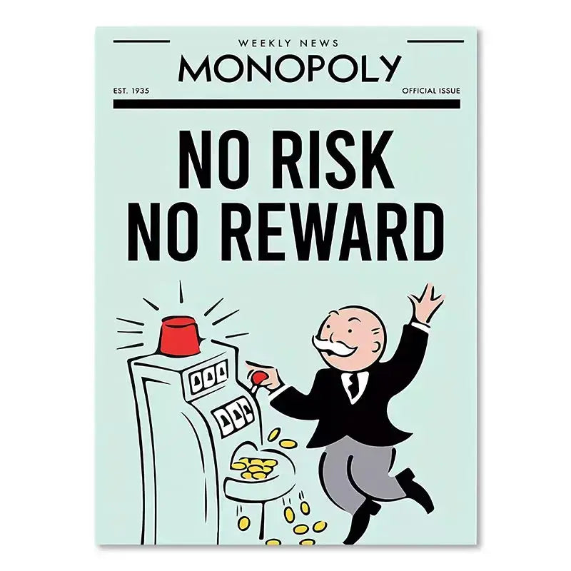 Light blue monopoly millionaire cartoon canvas art featuring a man celebrating by a slot machine for home decor