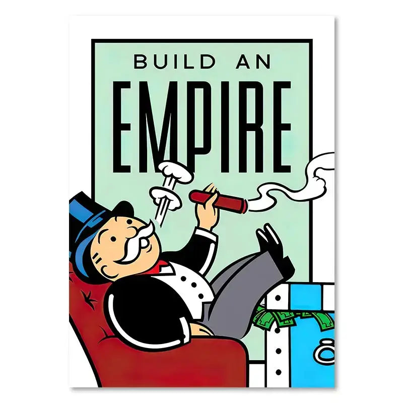 A vibrant monopoly millionaire cartoon canvas art featuring the monopoly man in red armchair for home decor