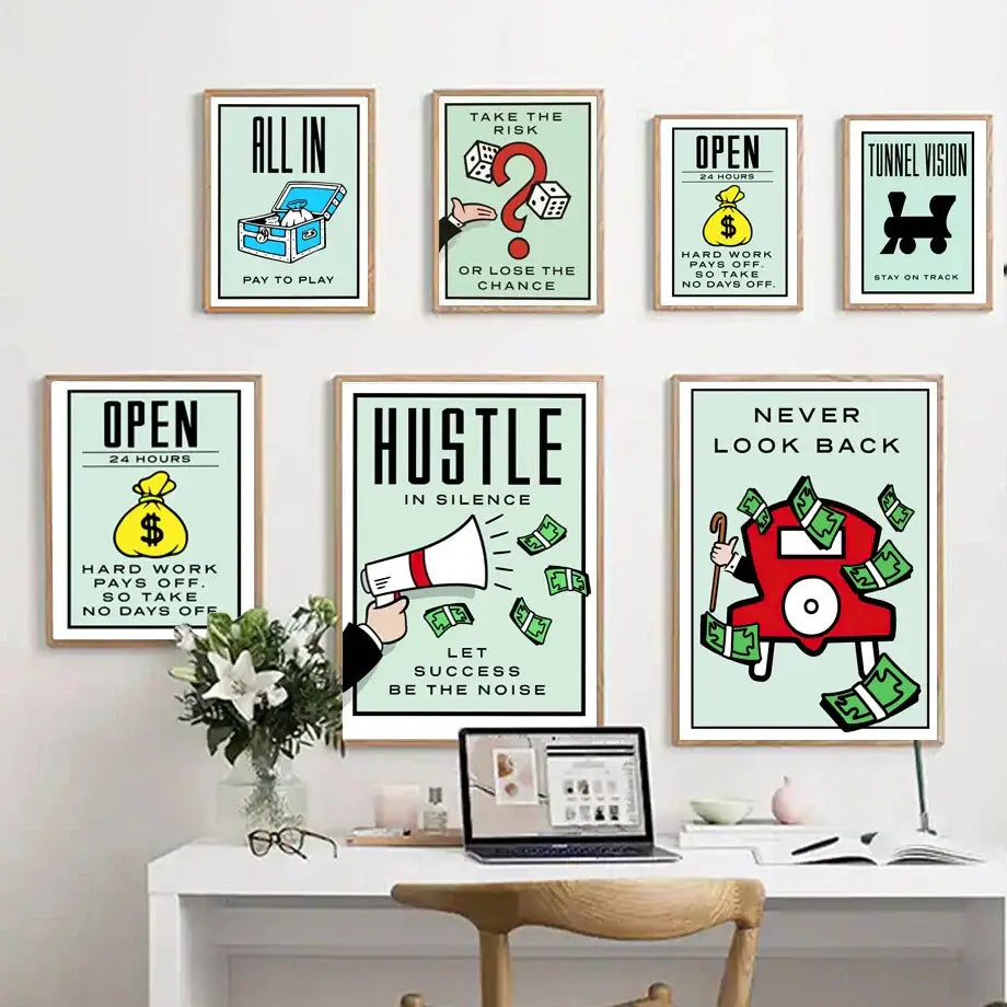 Set of seven framed monopoly millionaire cartoon motivational posters with colorful illustrations on light mint home decor