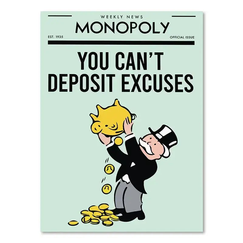 Light green monopoly millionaire cartoon canvas art featuring a man in a top hat holding a golden piggy bank for home decor