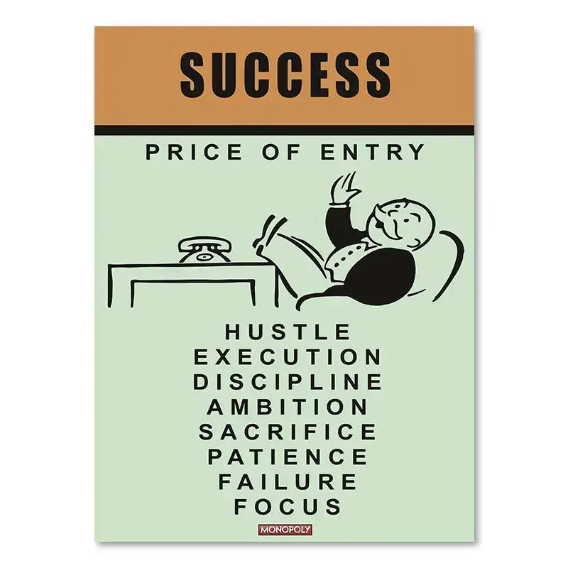 Minimalist monopoly millionaire cartoon canvas art with bold black text on mint green background for home decor