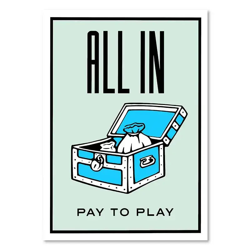 Blue illustrated treasure chest with white trim and silver lock containing money bags for monopoly millionaire cartoon home decor