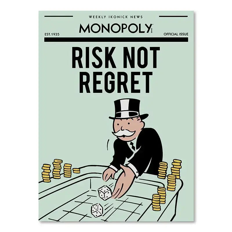 Decorbites™ monopoly millionaire cartoon canvas art featuring a man in top hat rolling dice with gold coins for home decor