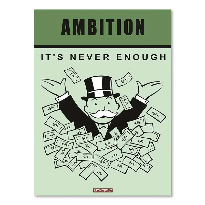 Monopoly millionaire cartoon canvas art featuring a man in top hat with dollar bills for stylish home decor by decorbites