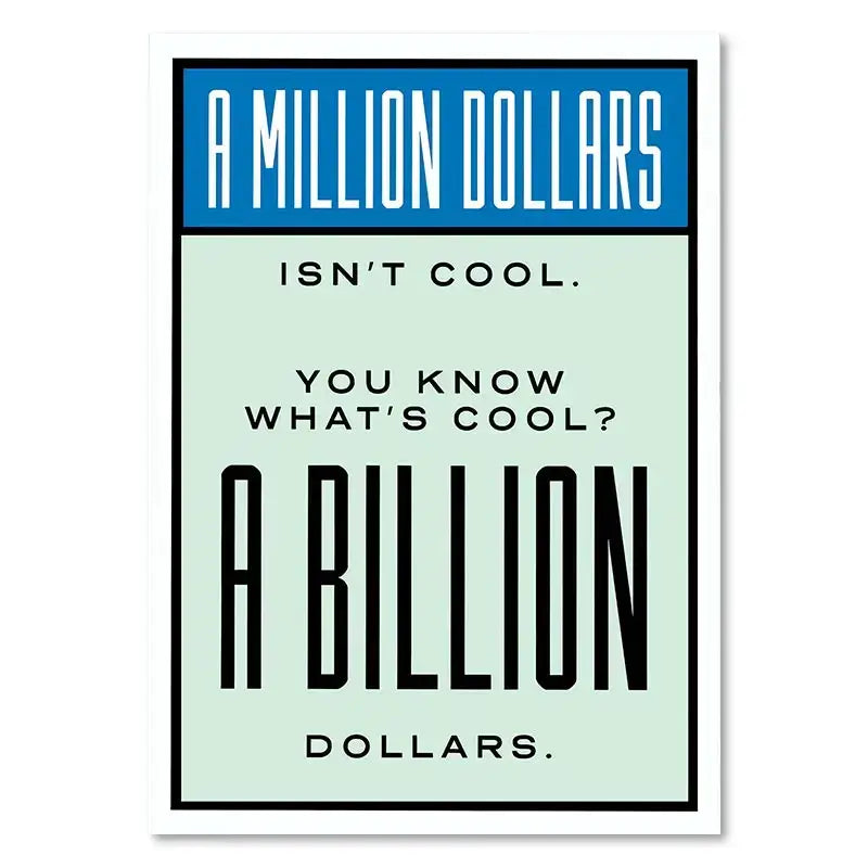 A minimalist monopoly millionaire cartoon canvas art in black and blue text on light mint for home decor by decorbites