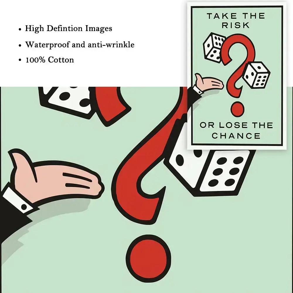 Mint green monopoly millionaire cartoon canvas art featuring a bold red question mark dice graphic for home decor