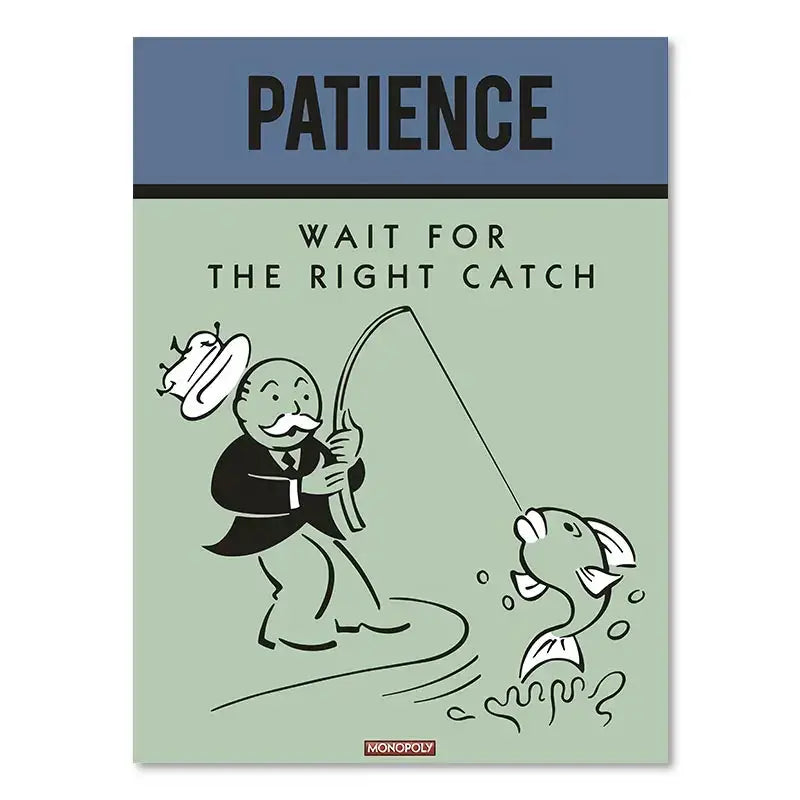 Monopoly millionaire cartoon canvas art featuring black and white fishing illustration with wait for the right catch text for home decor