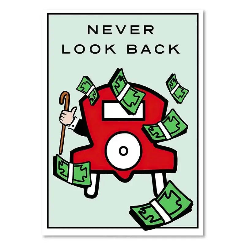 Decorbites™ monopoly millionaire cartoon canvas art featuring red character with white face holding cane surrounded by dollar bills for home decor