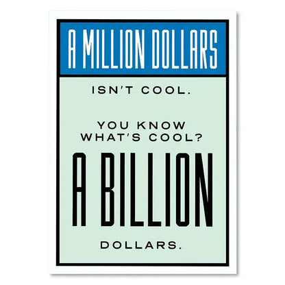 Minimalist rectangular decorbites™ monopoly millionaire wall art featuring bold black and blue dollar money poster text on light mint background