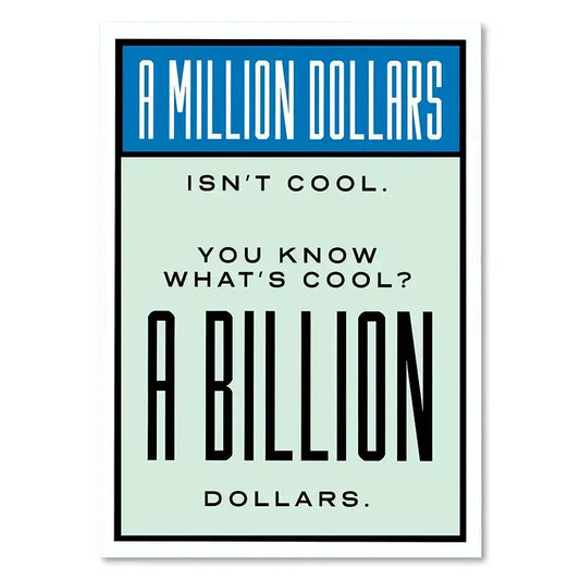 Minimalist rectangular decorbites™ monopoly millionaire wall art featuring bold black and blue dollar money poster text on light mint background
