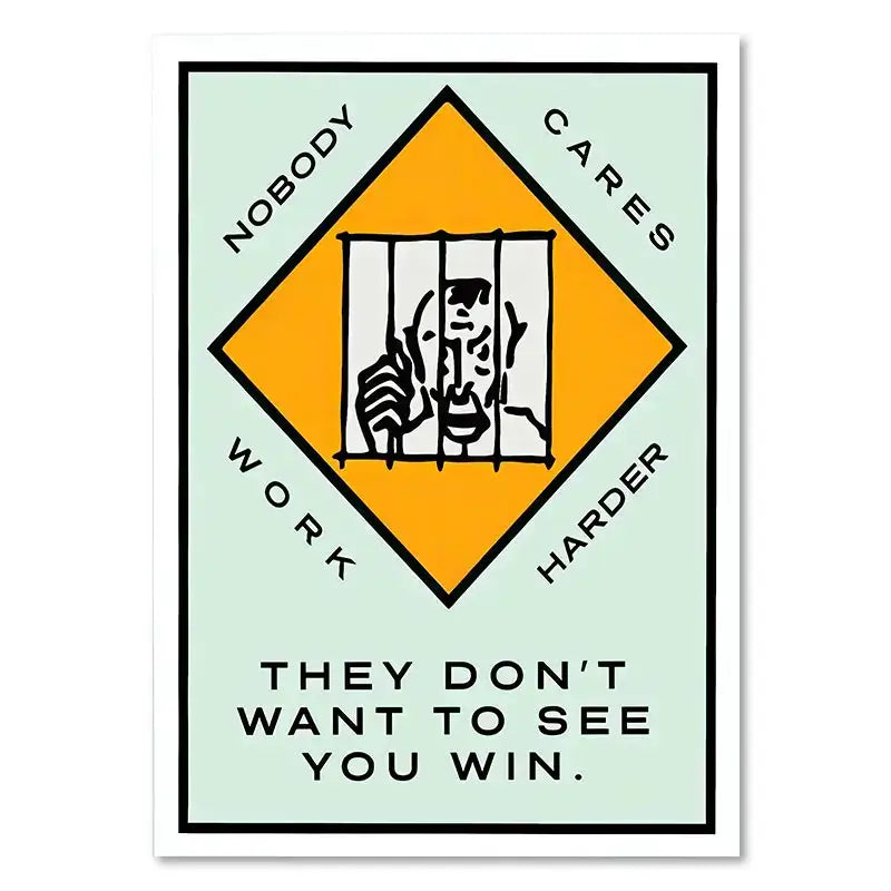 Decorbites™ monopoly millionaire cartoon canvas wall art with bold yellow diamond warning sign and black bars line drawing