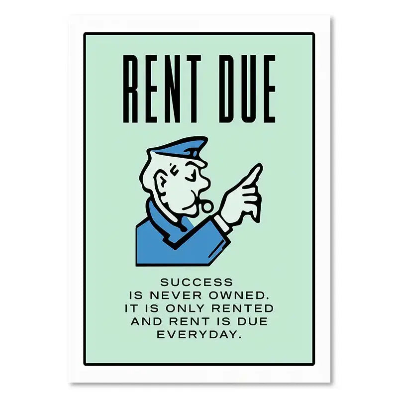A mint green decorbites monopoly millionaire wall art poster featuring a cartoon police officer and rent due text