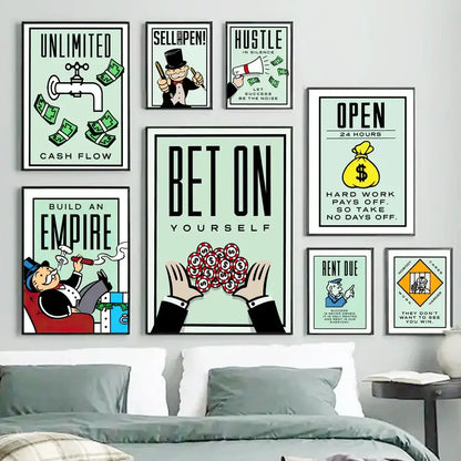 Set of eight decorbites™ monopoly millionaire cartoon canvas wall art posters with colorful dollar money themes on mint backgrounds