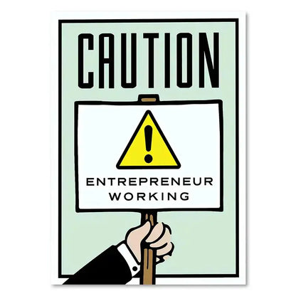 Decorbites™ monopoly millionaire cartoon canvas wall art featuring a hand holding a yellow caution sign with exclamation mark