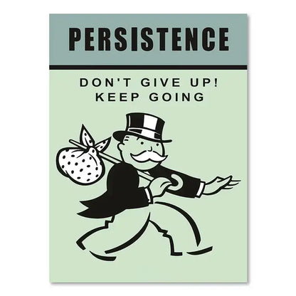 Monopoly millionaire wall art featuring black and white game character with spotted sack on mint green canvas poster